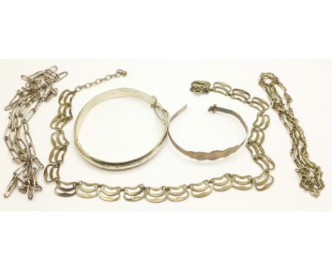 Three white metal necklaces, a bangle and a baby's silver bangle, 61.2g, bangles a/f 