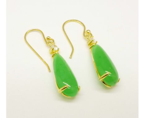 A silver gilt, jade and zircon drop earrings 