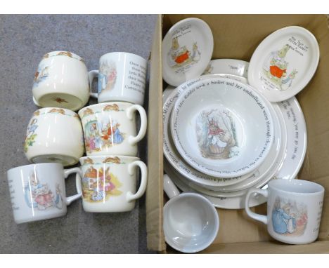 A collection of Royal Doulton Bunnykins china including plates, bowls and cups 