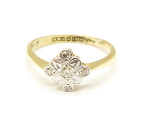 An Art Deco 18ct gold and diamond ring, 2.6g, N 