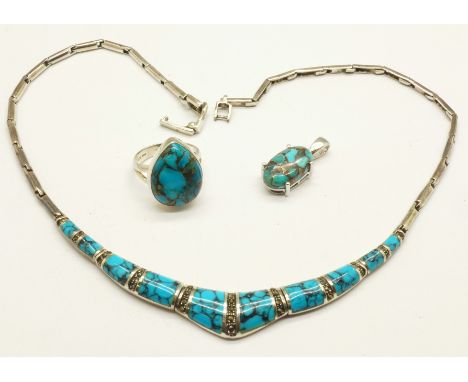 A silver and turquoise ring, N, a matching pendant and a silver and turquoise colour necklace 