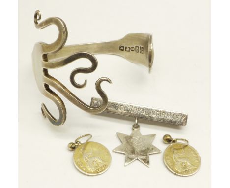 A George III silver fork bangle, a brooch and a pair of silver four pence coin earrings, (one Queen Victoria and one King Wil