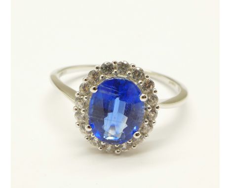 A 9ct white gold, kyanite and zircon ring, with certificate, 2.4g, Q 