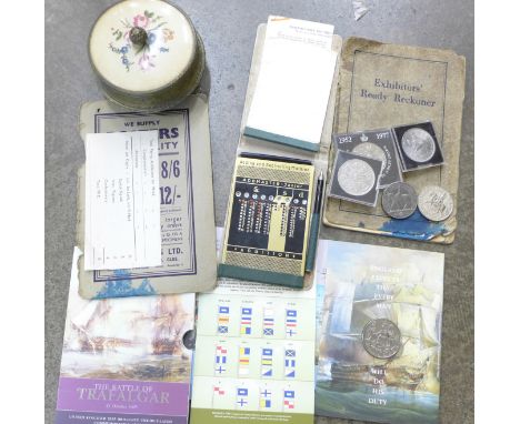 A musical trinket box, an Addmaster Junior calculator, a Ready Reckoner booklet and a collection of coins including uncircula