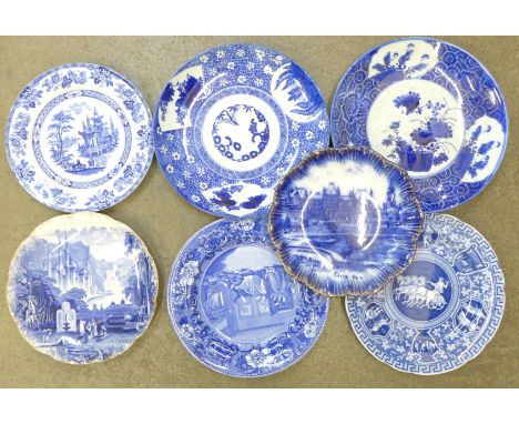 Seven blue and white plates including a pair of Imari chargers 
