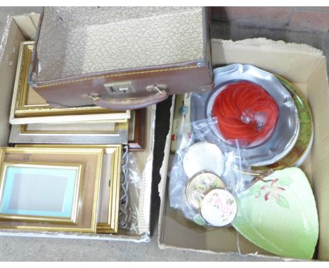 Three compacts including Stratton, a Carlton Ware dish, Maling lustre bowl, plates, frames, etc. **PLEASE NOTE THIS LOT IS NO