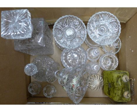 Assorted crystal and cut glass including a cased travel set of two miniature bottles with stoppers and heavy decanter **PLEAS