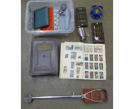 Collectors cards, flatware, The American Rifleman Publications, an alarm clock, an RAC car badge and a shooting stick, etc. *