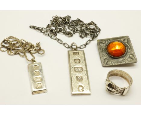 Two silver ingots and chains, a silver buckle ring and a stone set brooch, silver 52g 