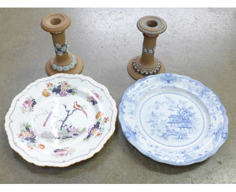 Two Doulton Lambeth candlesticks and two Ironstone plates **PLEASE NOTE THIS LOT IS NOT ELIGIBLE FOR POSTING AND PACKING** 