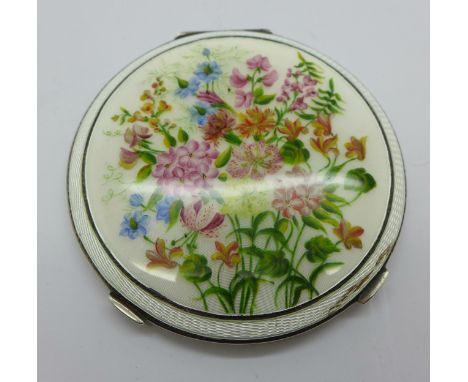 A large hand painted silver and enamel compact, some enamel a/f, 10cm 