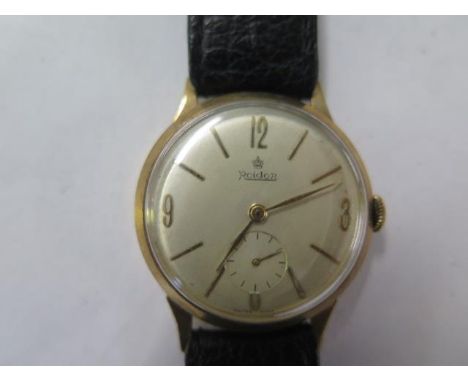 A 9ct yellow gold Roidor manual wind gents wristwatch with IWC 32mm case - on a leather strap - total weight approx 27.2 gram