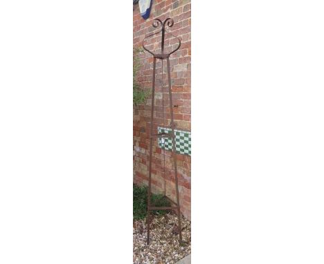 A hand forged wrought iron triangular section garden obelisk with scroll finial - Height 231cm x Width 39cm 
