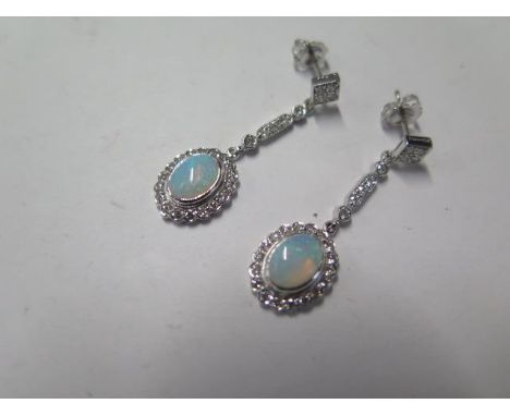 18ct white gold art deco style diamond and opal drop earrings - size approx 37mm x 11mm - diamonds bright and lively 