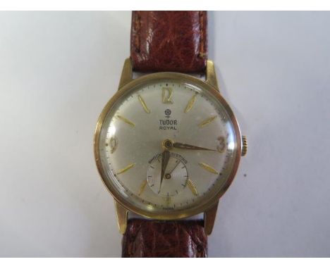 A 9ct yellow gold Tudor Royal manual wind wristwatch - 30mm case - some pitting to dial but running, hands adjust, winder tig