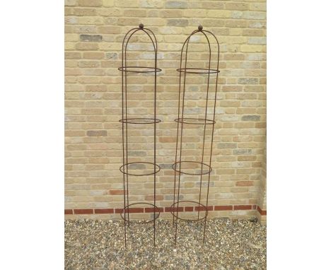 A pair of classic shaped iron round garden obelisks with ball finial - Diameter 39cm x Width 200cm 