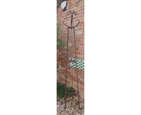 A hand forged wrought iron triangular section garden obelisk with scroll finial - Height 231cm x Width 39cm 