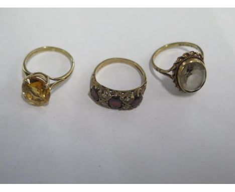 Three 9ct yellow gold rings sizes L/M - total weight approx 9.5 grams 