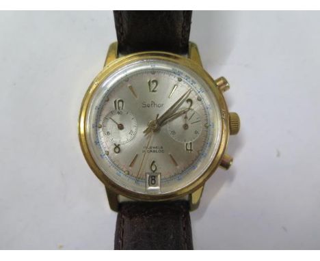 A Selhor gold plated 17 jewel Incabloc chronometer gents manual wind wristwatch with date - 36mm case - on a leather strap - 