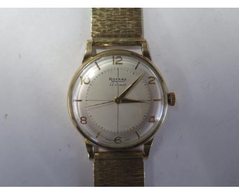 A 9ct yellow gold Rotary manual wind gents wristwatch on a 9ct yellow gold bark effect bracelet strap - 33mm case - approx 54