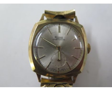 A 9ct yellow gold Rone Sportsmans manual wind gents wristwatch - 30mm case - on a sprung plated strap - running, hands adjust