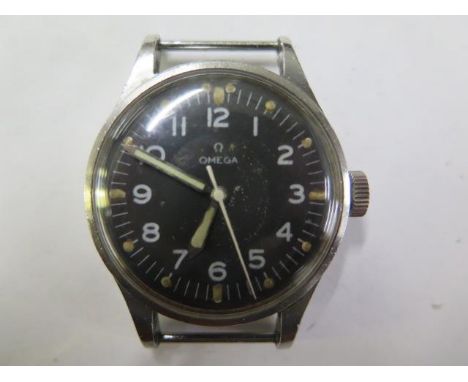 An Omega stainless steel Military manual wind wristwatch - 37mm case - black dial, running, hands advance 