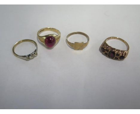 Four 9ct yellow gold rings sizes M and P - total weight approx 10 grams 