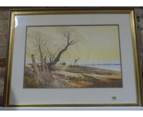 R M Bolton watercolour Thames barge on the shore in a gilt frame, frame size 60cm x 77cmn - good condition 