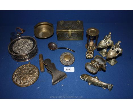 A quantity of brass including small brass box, egg timer, brass donkey with saddle bags, fish, monkey, etc.