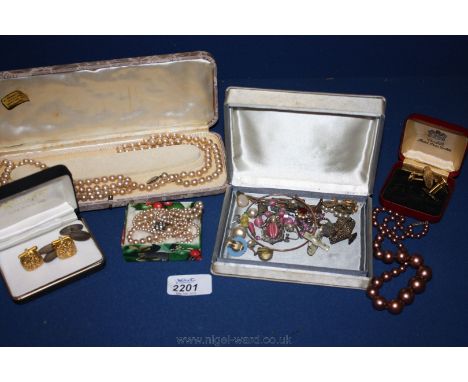 A box of miscellaneous costume Jewellery including vintage necklace, pearls etc. and miscellaneous cufflinks including a pair