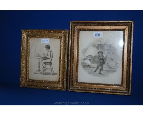 A framed Engraving entitled ''Study'' of a young boy sitting at a table drawing along with another Engraving of a young boy i