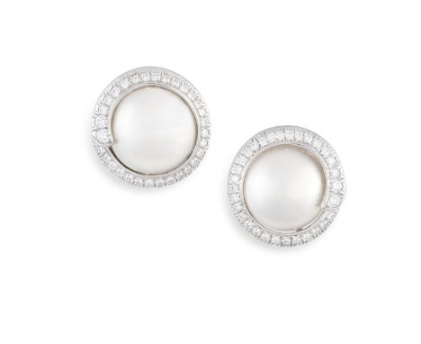 A PAIR OF CULTURED PEARL AND DIAMOND EARCLIPS, BY TIFFANY &amp; CO.Each round button-shaped cultured pearl of white tint, wit