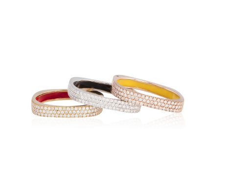 A TRIO OF DIAMOND AND ENAMEL RINGSEach square-shaped ring pavé-set with round brilliant-cut diamonds and with coloured enamel