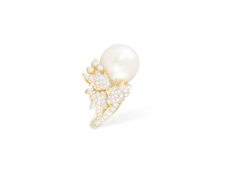 A CULTURED PEARL AND DIAMOND RINGThe cultured South Sea Pearl of cream tint measuring approximately 16.15x14.72mm, supported 
