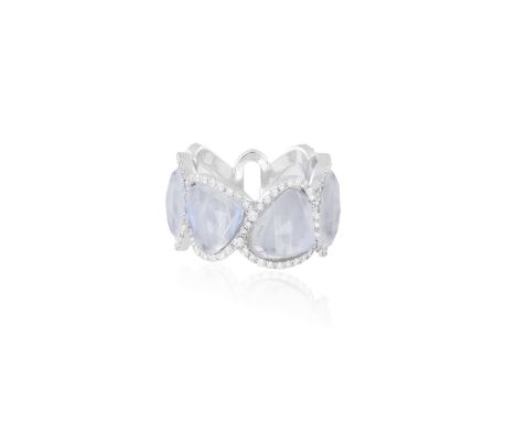 A MOONSTONE AND DIAMOND RINGThe continuous row of fancy-shaped polished moonstones, each within a surround of round brilliant