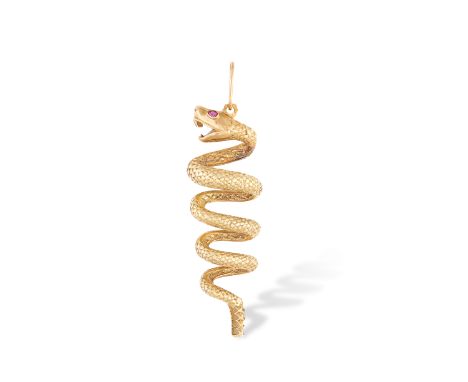 A GOLD SERPENT PENDANT, CIRCA 1960Designed as a rattlesnake, with textured scales and a pear-shaped ruby eye, mounted in 18K 