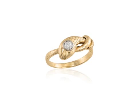 A VICTORIAN DIAMOND RINGModelled as a snake, the head decorated with an old round-shaped diamond, mounted in 14K gold, diamon