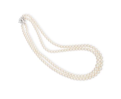 A CULTURED PEARL NECKLACE WITH DIAMOND CLASP, BY GARRARDThe double rows of graduating cultured pearls measuring approximately