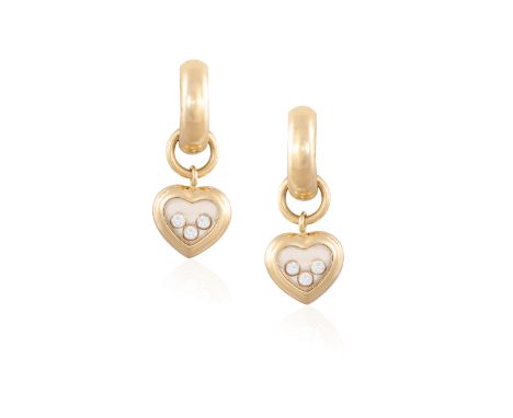 A PAIR OF 'HAPPY DIAMOND' EARRINGS, BY CHOPARDEach glazed heart-shaped compartment with three collet-set 'floating' diamonds,