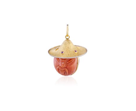 A RUBY AND CORAL CHARM PENDANTModelled as a chinoiserie head with fitted conical hat, the hat jewelled with alternating circu