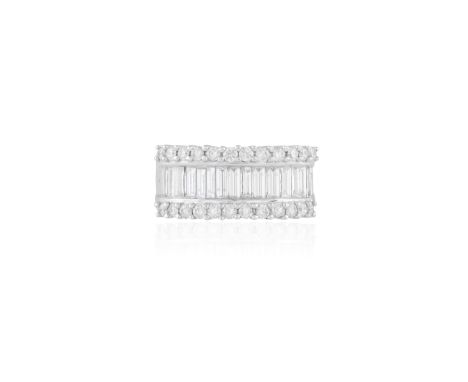 A DIAMOND RINGThe wide band set to the front with baguette and round brilliant-cut diamonds, mounted in 18K gold, diamonds ap