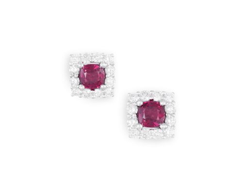 A PAIR OF RUBY AND DIAMOND EARSTUDSEach circular-cut ruby, within a square-shaped frame of round brilliant-cut diamonds, moun
