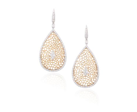 A PAIR OF DIAMOND PENDENT EARRINGSEach designed as a pear-shaped panel set with honeycomb openwork pattern within a round bri