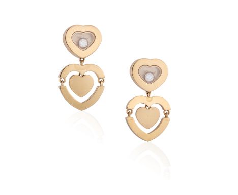 A PAIR OF 'HAPPY AMORE' PENDENT EARRINGS, BY CHOPARDEach of heart design, with a central glazed compartment revealing a brill