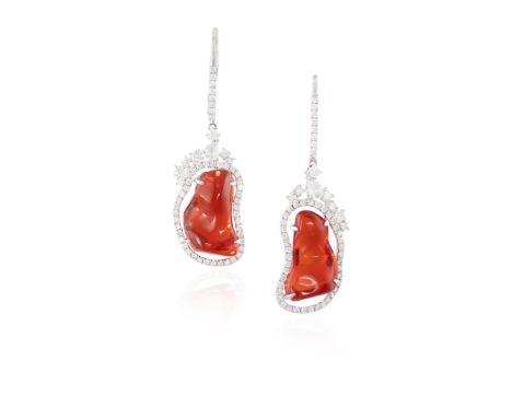 A PAIR OF FIRE OPAL AND DIAMOND EARRINGSThe polished fancy-shaped fire opal within a frame of round brilliant and rose-cut di