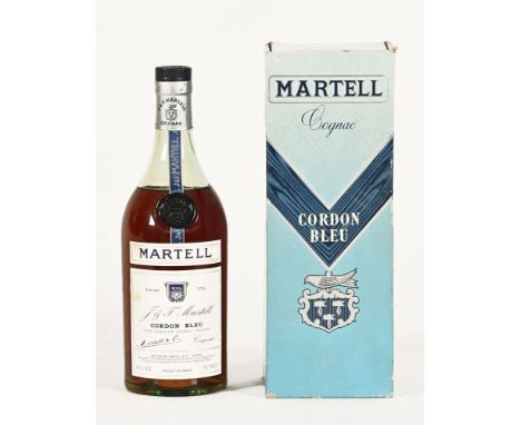Martell Cordon Bleu fine liqueur Cognac Brandy, circa 1970 with original CWJ. 70% proof, 24 fluid ounces.