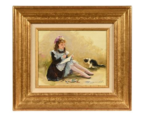 Konstantin Razumov (Russian born 1974), oil on canvas young girl painting with a black and white cat.  22 x 27 cm, in gilt fr