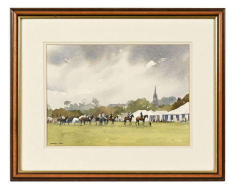 Marshall Ould, watercolour of Otley show 1995, showground with horses and tents with town in background.  33.5 cm x 24 cm fra