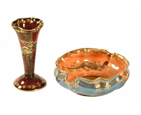 A Crown Devon lustrine lizard and dragonfly bowl.  diameter 15 cm, together with a Crown Devon butterfly specimen vase.