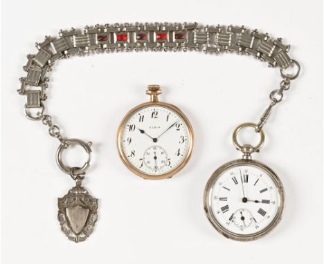 An Elgin gold plated pocket watch, together with a continental silver coloured pocket watch with heavy link chain and fob.